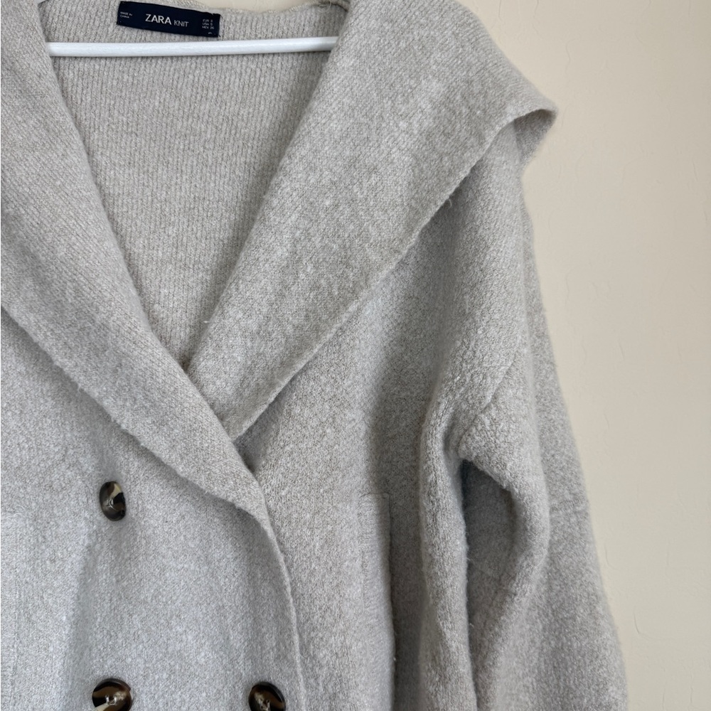 Zara Knit Double Breasted Blazer Sweater Coat Jacket Hooded Oatmeal Beige Small - Picture 4 of 11